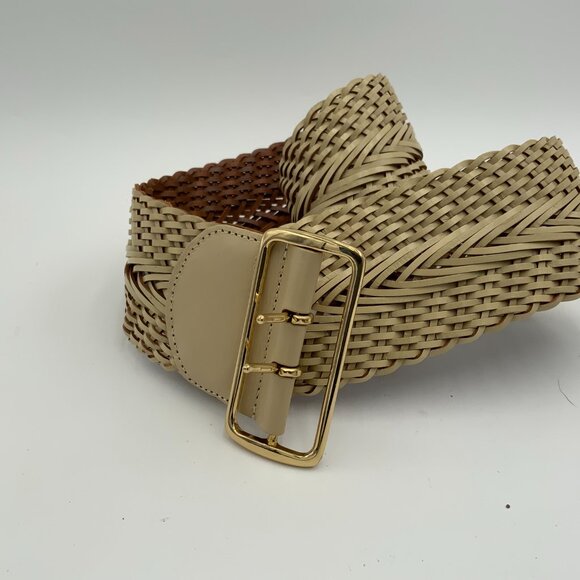 Linea Pelle Women's Cream Leather Woven Braided Wide Belt Brass Buckle - Size S - Picture 2 of 6